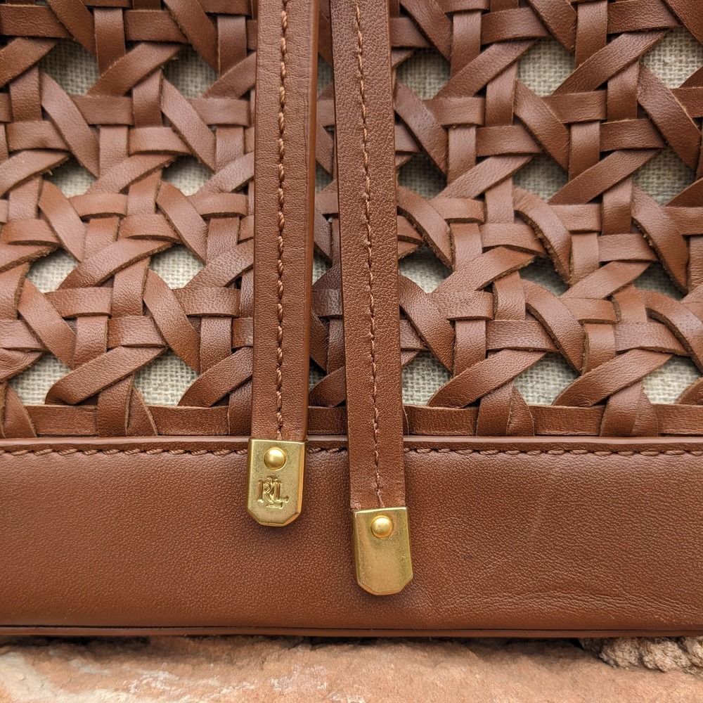 Lauren Ralph Lauren Woven Leather Bucket Bag Field Brown Diana Portwood Tote - Picture 6 of 16